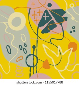 The seamless colorful pattern with shapes, lines, spots, imprints, dots and design elements. Hand drawn overlapping background for your design.Textile, blog decoration, banner, poster, wrapping paper.