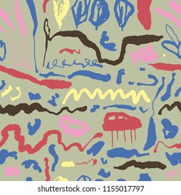The seamless colorful pattern with shapes, lines, spots, imprints, dots and design elements. Hand drawn overlapping background for your design.Textile, blog decoration, banner, poster, wrapping paper.
