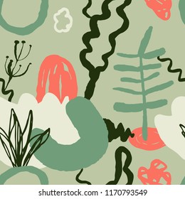 The seamless colorful pattern with shapes, lines, spots, imprints, dots and design elements. Hand drawn overlapping background for your design.Textile, blog decoration, banner, poster, wrapping paper.