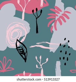 The seamless colorful pattern with shapes, lines, spots, imprints, dots and design elements. Hand drawn overlapping background for your design.Textile, blog decoration, banner, poster, wrapping paper.