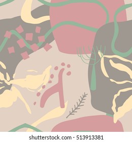 The seamless colorful pattern with shapes, lines, spots, imprints, dots and design elements. Hand drawn overlapping background for your design.Textile, blog decoration, banner, poster, wrapping paper.