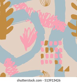 The seamless colorful pattern with shapes, lines, spots, imprints, dots and design elements. Hand drawn overlapping background for your design.Textile, blog decoration, banner, poster, wrapping paper.