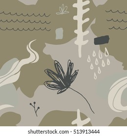 The seamless colorful pattern with shapes, lines, spots, imprints, dots and design elements. Hand drawn overlapping background for your design.Textile, blog decoration, banner, poster, wrapping paper.