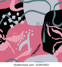 The seamless colorful pattern with shapes, lines, spots, imprints, dots and design elements. Hand drawn overlapping background for your design.Textile, blog decoration, banner, poster, wrapping paper.