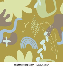 The seamless colorful pattern with shapes, lines, spots, imprints, dots and design elements. Hand drawn overlapping background for your design.Textile, blog decoration, banner, poster, wrapping paper.