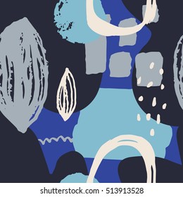 The seamless colorful pattern with shapes, lines, spots, imprints, dots and design elements. Hand drawn overlapping background for your design.Textile, blog decoration, banner, poster, wrapping paper.