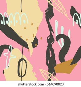 The seamless colorful pattern with shapes, lines, spots, imprints, dots and design elements. Hand drawn overlapping background for your design.Textile, blog decoration, banner, poster, wrapping paper.