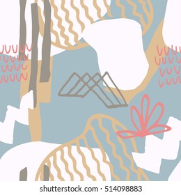 The seamless colorful pattern with shapes, lines, spots, imprints, dots and design elements. Hand drawn overlapping background for your design.Textile, blog decoration, banner, poster, wrapping paper.
