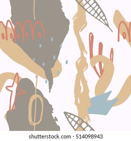 The seamless colorful pattern with shapes, lines, spots, imprints, dots and design elements. Hand drawn overlapping background for your design.Textile, blog decoration, banner, poster, wrapping paper.