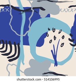 El patrón colorido sin fisuras con Formas, líneas, manchas, huellas, puntos y Elementos de diseño. Fondo superpuesto dibujado a mano para su diseño. Textil, decoración de blog, Anuncio, póster, papel de regalo.
