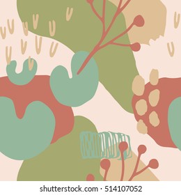 The seamless colorful pattern with shapes, lines, spots, imprints, dots and design elements. Hand drawn overlapping background for your design.Textile, blog decoration, banner, poster, wrapping paper.