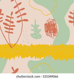 The seamless colorful pattern with shapes, lines, spots, imprints, dots and design elements. Hand drawn overlapping background for your design.Textile, blog decoration, banner, poster, wrapping paper.