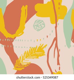 The seamless colorful pattern with shapes, lines, spots, imprints, dots and design elements. Hand drawn overlapping background for your design.Textile, blog decoration, banner, poster, wrapping paper.