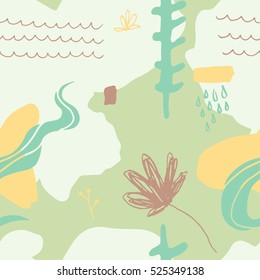 The seamless colorful pattern with shapes, lines, spots, imprints, dots and design elements. Hand drawn overlapping background for your design.Textile, blog decoration, banner, poster, wrapping paper.
