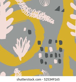 The seamless colorful pattern with shapes, lines, spots, imprints, dots and design elements. Hand drawn overlapping background for your design.Textile, blog decoration, banner, poster, wrapping paper.