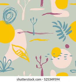 The seamless colorful pattern with shapes, lines, spots, imprints, dots and design elements. Hand drawn overlapping background for your design.Textile, blog decoration, banner, poster, wrapping paper.
