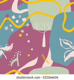 The seamless colorful pattern with shapes, lines, spots, imprints, dots and design elements. Hand drawn overlapping background for your design.Textile, blog decoration, banner, poster, wrapping paper.