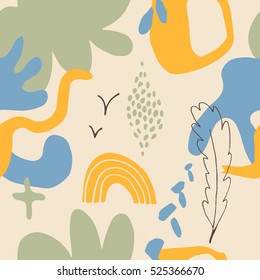 The seamless colorful pattern with shapes, lines, spots, imprints, dots and design elements. Hand drawn overlapping background for your design.Textile, blog decoration, banner, poster, wrapping paper.