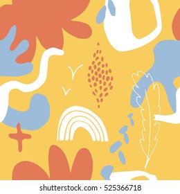The seamless colorful pattern with shapes, lines, spots, imprints, dots and design elements. Hand drawn overlapping background for your design.Textile, blog decoration, banner, poster, wrapping paper.