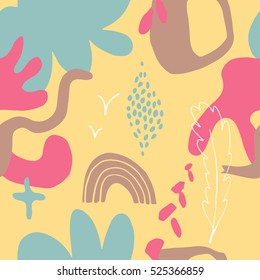 The seamless colorful pattern with shapes, lines, spots, imprints, dots and design elements. Hand drawn overlapping background for your design.Textile, blog decoration, banner, poster, wrapping paper.