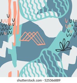 The seamless colorful pattern with shapes, lines, spots, imprints, dots and design elements. Hand drawn overlapping background for your design.Textile, blog decoration, banner, poster, wrapping paper.