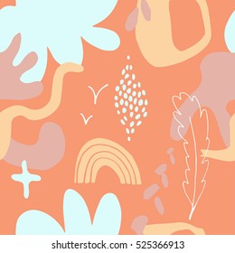 The seamless colorful pattern with shapes, lines, spots, imprints, dots and design elements. Hand drawn overlapping background for your design.Textile, blog decoration, banner, poster, wrapping paper.