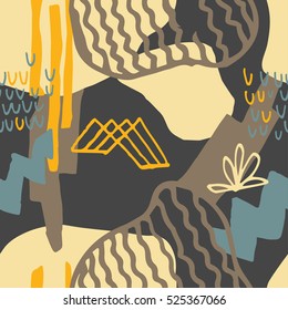 The seamless colorful pattern with shapes, lines, spots, imprints, dots and design elements. Hand drawn overlapping background for your design.Textile, blog decoration, banner, poster, wrapping paper.