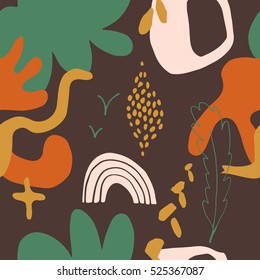 The seamless colorful pattern with shapes, lines, spots, imprints, dots and design elements. Hand drawn overlapping background for your design.Textile, blog decoration, banner, poster, wrapping paper.