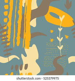 The seamless colorful pattern with shapes, lines, spots, imprints, dots and design elements. Hand drawn overlapping background for your design.Textile, blog decoration, banner, poster, wrapping paper.