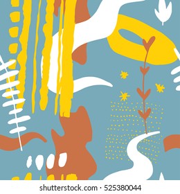 The seamless colorful pattern with shapes, lines, spots, imprints, dots and design elements. Hand drawn overlapping background for your design.Textile, blog decoration, banner, poster, wrapping paper.