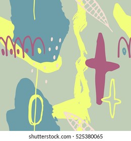 The seamless colorful pattern with shapes, lines, spots, imprints, dots and design elements. Hand drawn overlapping background for your design.Textile, blog decoration, banner, poster, wrapping paper.
