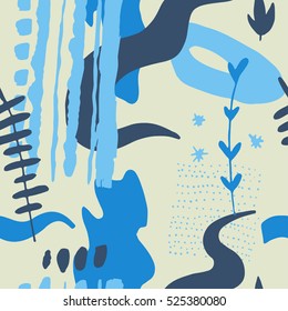The seamless colorful pattern with shapes, lines, spots, imprints, dots and design elements. Hand drawn overlapping background for your design.Textile, blog decoration, banner, poster, wrapping paper.