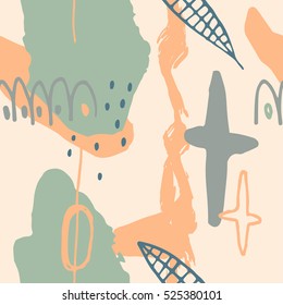 The seamless colorful pattern with shapes, lines, spots, imprints, dots and design elements. Hand drawn overlapping background for your design.Textile, blog decoration, banner, poster, wrapping paper.