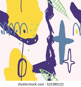 The seamless colorful pattern with shapes, lines, spots, imprints, dots and design elements. Hand drawn overlapping background for your design.Textile, blog decoration, banner, poster, wrapping paper.