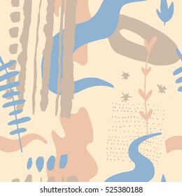 The seamless colorful pattern with shapes, lines, spots, imprints, dots and design elements. Hand drawn overlapping background for your design.Textile, blog decoration, banner, poster, wrapping paper.