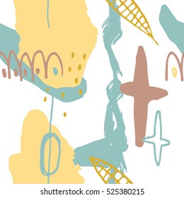 The seamless colorful pattern with shapes, lines, spots, imprints, dots and design elements. Hand drawn overlapping background for your design.Textile, blog decoration, banner, poster, wrapping paper.