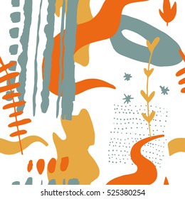 The seamless colorful pattern with shapes, lines, spots, imprints, dots and design elements. Hand drawn overlapping background for your design.Textile, blog decoration, banner, poster, wrapping paper.
