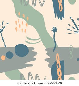 El patrón colorido sin fisuras con Formas, líneas, manchas, huellas, puntos y Elementos de diseño. Fondo superpuesto dibujado a mano para su diseño. Textil, decoración de blog, Anuncio, póster, papel de regalo.