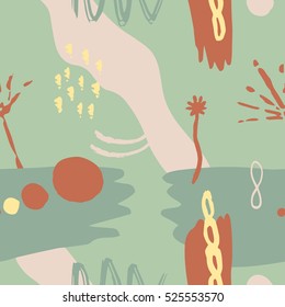 The seamless colorful pattern with shapes, lines, spots, imprints, dots and design elements. Hand drawn overlapping background for your design.Textile, blog decoration, banner, poster, wrapping paper.