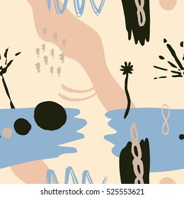 The seamless colorful pattern with shapes, lines, spots, imprints, dots and design elements. Hand drawn overlapping background for your design.Textile, blog decoration, banner, poster, wrapping paper.