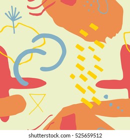 The seamless colorful pattern with shapes, lines, spots, imprints, dots and design elements. Hand drawn overlapping background for your design.Textile, blog decoration, banner, poster, wrapping paper.