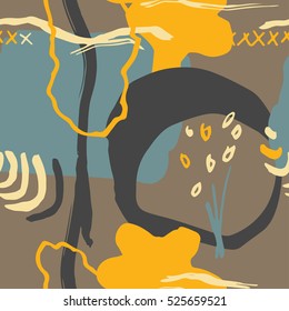 The seamless colorful pattern with shapes, lines, spots, imprints, dots and design elements. Hand drawn overlapping background for your design.Textile, blog decoration, banner, poster, wrapping paper.