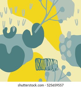 The seamless colorful pattern with shapes, lines, spots, imprints, dots and design elements. Hand drawn overlapping background for your design.Textile, blog decoration, banner, poster, wrapping paper.