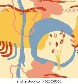 The seamless colorful pattern with shapes, lines, spots, imprints, dots and design elements. Hand drawn overlapping background for your design.Textile, blog decoration, banner, poster, wrapping paper.