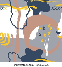The seamless colorful pattern with shapes, lines, spots, imprints, dots and design elements. Hand drawn overlapping background for your design.Textile, blog decoration, banner, poster, wrapping paper.