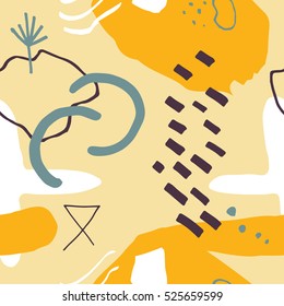 The seamless colorful pattern with shapes, lines, spots, imprints, dots and design elements. Hand drawn overlapping background for your design.Textile, blog decoration, banner, poster, wrapping paper.