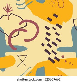 The seamless colorful pattern with shapes, lines, spots, imprints, dots and design elements. Hand drawn overlapping background for your design.Textile, blog decoration, banner, poster, wrapping paper.