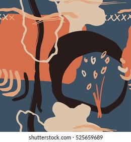 The seamless colorful pattern with shapes, lines, spots, imprints, dots and design elements. Hand drawn overlapping background for your design.Textile, blog decoration, banner, poster, wrapping paper.