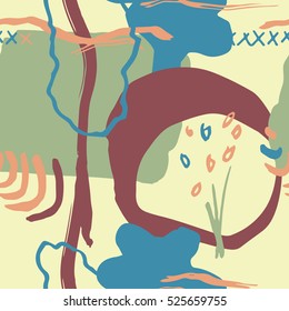 The seamless colorful pattern with shapes, lines, spots, imprints, dots and design elements. Hand drawn overlapping background for your design.Textile, blog decoration, banner, poster, wrapping paper.