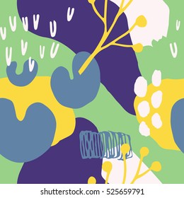 The seamless colorful pattern with shapes, lines, spots, imprints, dots and design elements. Hand drawn overlapping background for your design.Textile, blog decoration, banner, poster, wrapping paper.